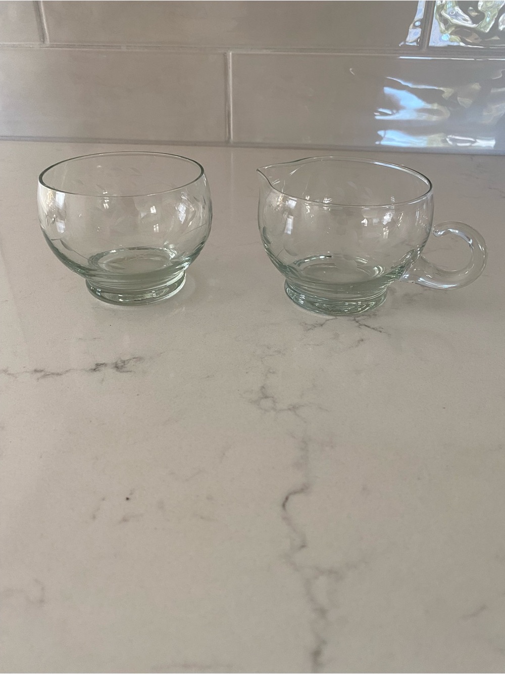 Princess House Etched Glass Creamer and Sugar Bowl Set - Home Kitchen